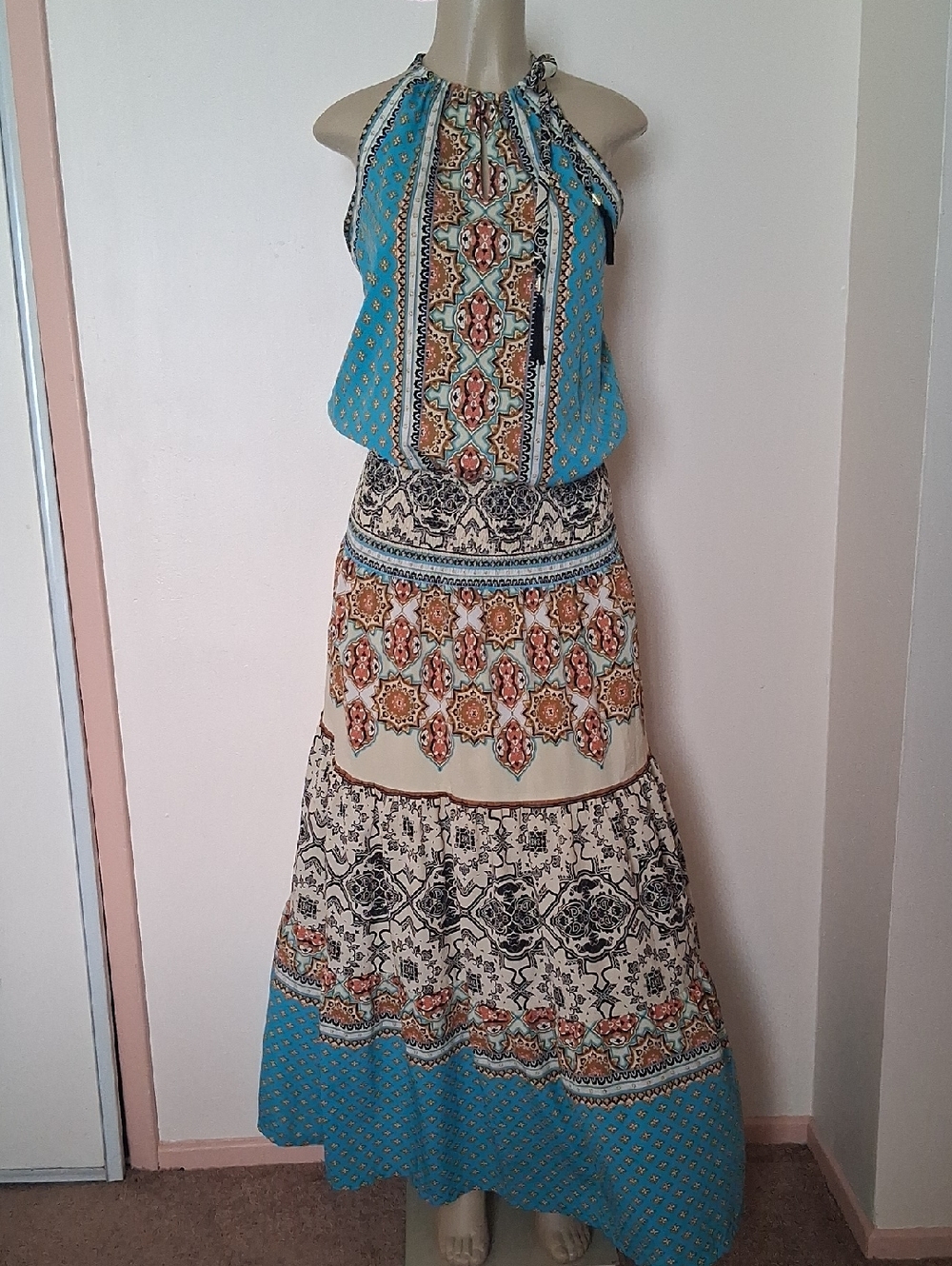 Hale Bob Boho Paisley Maxi Dress Medium Halter Neck Drop Waist